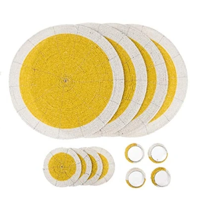 Image of Penguin Home Handcrafted Glass Beaded Round Placemats, Coasters &amp; Napkin Rings Set of 12 Handmade Table Place Mats for Dining 32 cm (13&quot;) Diameter (Yellow and White)