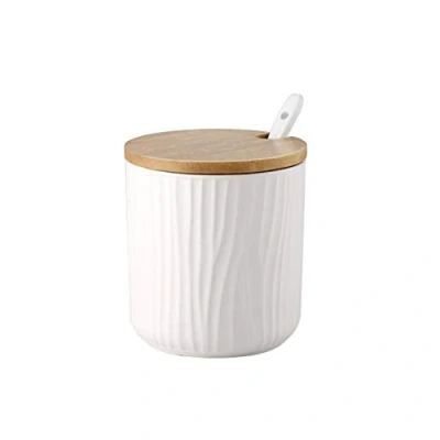 Image of OnePine 300ml/10.56oz Sugar Bowl, Ceramic Spice Jar Condiment Pots with Bamboo Lid and Spoon for Home Kitchen