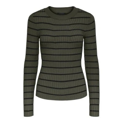 Image of PIECES Women&#039;s Pccrista LS O Neck Knit Noos Bc Jumper, Forest Night/Stripes: Black Narrow, S