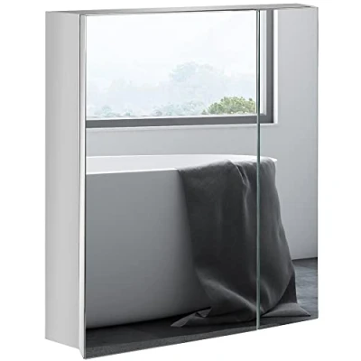 Image of kleankin Bathroom Mirror Cabinet, Stainless Steel Wall Mounted Storage Cabinet with 2 Hinged Doors and Shelves for Laundry Room, 54W x 60Hcm, Silver