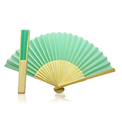 Image of Vruti&#039;s Pastel Green Fabric Foldable Hand Held Bamboo and Wooden Fan