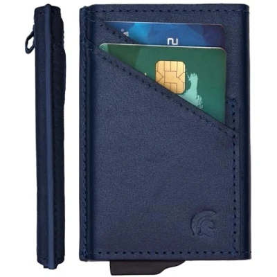 Image of POWR Card Holder Wallet. Royal Blue Vegan Leather RFID for Men. Minimalist Wallet Credit Holders Pop Up Metal Slim
