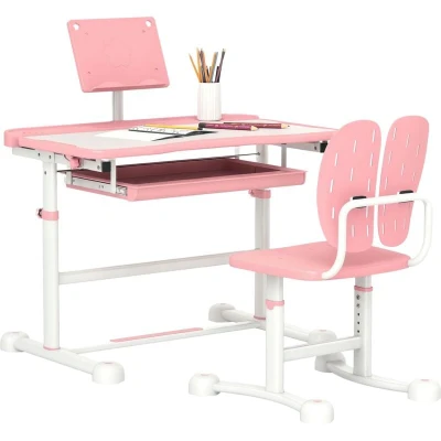 Image of AIYAPLAY kids Desk and Chair Set, Height Adjustable School Study Table Set with Tilted Desktop, Storage Drawer, Book Stand, for Writing Reading, Aged 3 12 Years, Pink