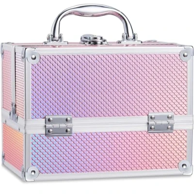 Image of Frenessa Makeup Case 4 Trays Cosmetic Box Lockable Beauty Vanity Organiser Holder for Gifts (Pink)