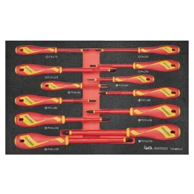 Image of Teng Tools 12 Piece 1000 Volt Insulated Flat, Phillips (PH), Pozidriv (PZ) Screwdriver EVA Foam Set TEFMDV12