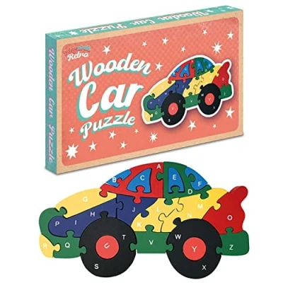 Image of Playwrite Wooden Jigsaw Car Puzzle for Toddlers Kids 3 4 year old 26 Piece Alphabet Early Learning Educational Toys Gifts Children