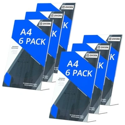 Image of QWORK® 6 Pack A4 Acrylic Sign Holder, Crystal Clear L Shape Display Stand for Flyers, Menus, Posters