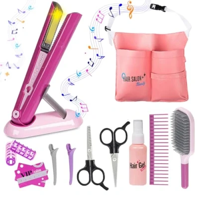 Image of koolbitz 14PCS Kids Makeup Set and Hair Styling Toy Game Pretend Play Beauty Salon Kit with Light Up Straightener, Scissors, Brush, Comb, Educational Accessories for Ages 3