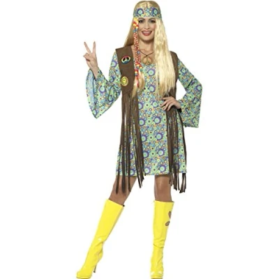 Image of Smiffys 60s Hippie Chick Costume, with Dress, Multi Colour Attached Waistcoat, Medallion &amp; Headband, 1960&#039;s Groovy Fancy Adult Dress Up Costumes