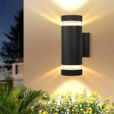 Image of YICALE Outdoor Wall Lights LED,Up Down Mains Powered 3000K Round Outside Lights,IP44 Front Door Light GU10 Aluminium Porch for Patio,Garden,Terrace,Courtyard,Bedroom