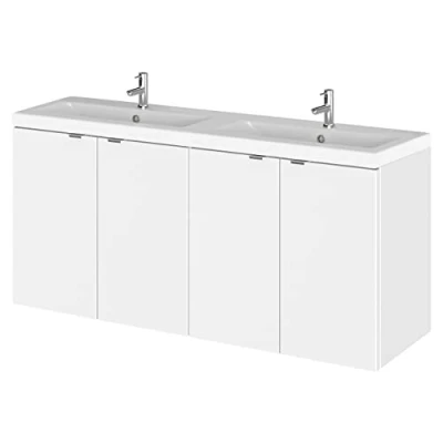 Image of Hudson Reed CBI133A Fusion Modern Bathroom 4 Door Wall Hung Vanity Unit and Full Depth Double Ceramic Basin, 1200mm, Gloss White
