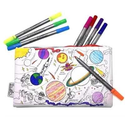 Image of eatsleepdoodle Colouring Pencilcase for Kids w/ 10pk Washable Markers 22x14cm Space Explorer Ultra &amp; Reusable Arts and Crafts