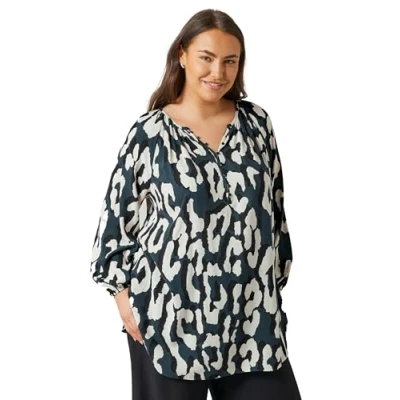 Image of EVANS Curve Navy Animal Print Long Sleeve Blouse Women&#039;s Plus Size