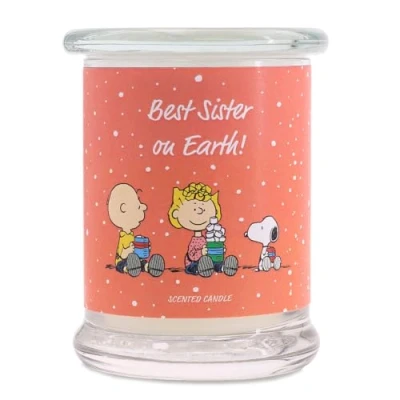 Image of Peanuts Gift Idea Scented Candle Best Sister on Earth Gifts for Fresh Laundry Decoration Home in Glass with High Burning Time up to 50 Hours