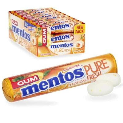 Image of Mentos Gum Pure Fresh Tropical 8 Piece roll (Pack of 24 Rolls)