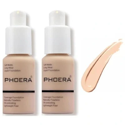 Image of Aquapurity Phoera® Full Coverage Foundation Soft Matte Oil Control Concealer 30ml Long Lasting Flawless Cream Smooth (2 PCS 102 NUDE)
