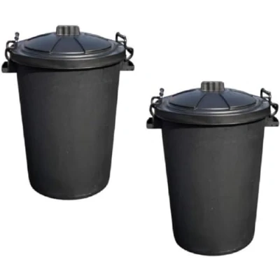 Image of Novostyl 2 PACK LARGE BLACK GARDEN DUSTBIN 85L REFUSAL HEAVY DUTY PLASTIC WASTE BIN WITH CLIP LID