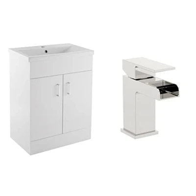 Image of VeeBath Sobek 700 Vanity Unit with Basin and Waterfall Mixer Tap, Floor Standing Cabinet Rectangular Ceramic Wash for Bathroom Furniture 2 Doors Gloss White (Flat Pack)