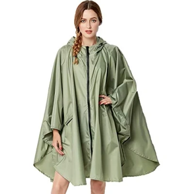Image of NUUR Women&#039;s Rain Poncho Jacket Waterproof Lightweight Reusable Hiking Coat with Hood for Bicycle Moto Green