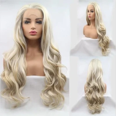 Image of Xiweiya Long Mixed Blonde Golden Color Synthetic Lace Front Wigs Wave Wig Free Part Heat Resistant Fiber Hair For White Women