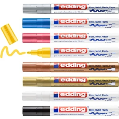 Image of edding 750 gloss paint marker black yellow pink light blue white gold silver copper 8 markers round nib 2 4 mm pen for glass pebbles wood plastic paper waterproof, high coverage