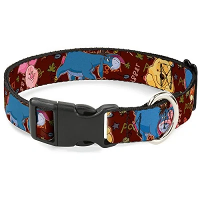 Image of Buckle Down Plastic Clip Collar Winnie the Pooh Character Poses 1&quot; Wide Fits 11 17&quot; Neck Medium