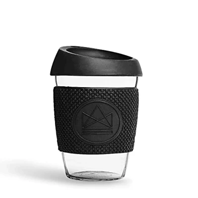 Image of Neon Kactus Glass Coffee Cup Reusable with Lid For Home or On the Go Portable Hot &amp; Cold Drinks Durable, Non Permeable, Slip, Splash Proof Rock Star, 12oz