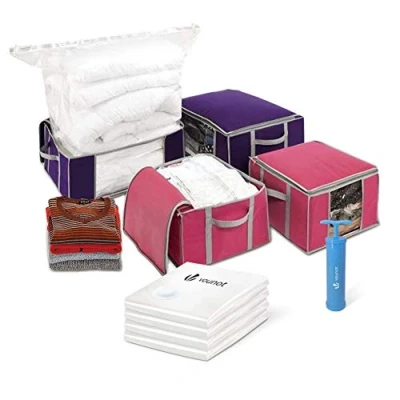 Image of VOUNOT Set of 4 Vacuum storage Bag large Capacity XXL bags with boxes 2 small model 154L and models 484L Compression box, Multi coloured