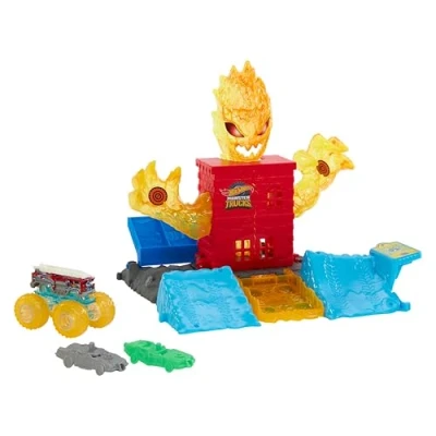 Image of Hot Wheels Monster Trucks Toy Playset, Use the 1:64 Scale 5 Alarm Firetruck to Battle Fire for a Funny Reveal, Includes 2 Crushed Cars, Power Smashers, HTP39