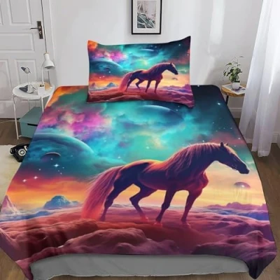 Image of GEEYOU Animal 3D Bedding 3PCs Comforter Cover Set, Horses Duvet with Pillowcases, Soft Microfiber Quilt Zipper Closure for Kids Teens Adults Single（135x200cm）