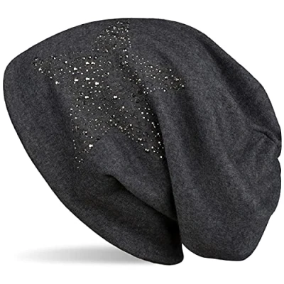Image of styleBREAKER Beanie hat with Rhinestone Rivets Star and Silver Anthracite Coloured Decorative Stones, Slouchy Long Beanie, Unisex 04024087, Colour:Mottled