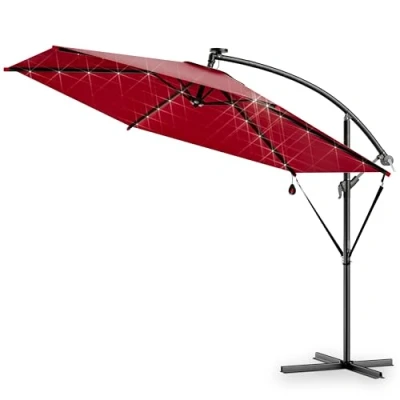 Image of Kingsleeve® Haiti 3m Aluminium Cantilever Garden Parasol with LED Solar Lights and Protective Cover 300cm UV Protection 80+ Tiltable Crank Handle Patio Umbrella Red