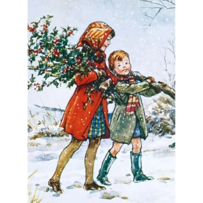 Image of Museums &amp; Galleries Pack of 8 Artistic Charity Christmas Cards Gathering the Holly Traditional Style Illustration Girl Boy in Snow, multi, 172 x 125mm