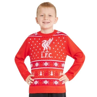 Image of Liverpool FC Christmas Jumper Kids Teenagers Warm Cosy Football Xmas 7 14 Years Gifts for Boys (Red, 11 12 Years)