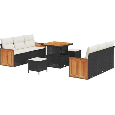 Image of vidaXL 9 Piece Garden Sofa Set with Cushions Black Poly Rattan Acacia