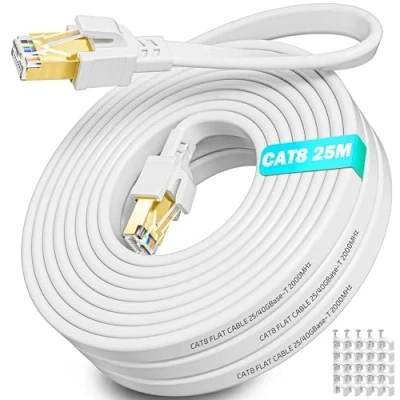 Image of Ethernet Cable 25m, Cat 8 Internet 25m High Speed, Flat LAN Shielded 40Gbps 2000MHz RJ45 Gigabit Long Network 25 Meters Outdoor Indoor, White Patch for Switch Modem