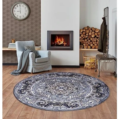 Image of householdfurnishing Vintage Traditional Rug Floral Pattern Carpet Bedroom Mat Living Room Rugs Exquisite Persian Style Wide Area Hallway Runner (Grey, 120 x cm Round Rug)