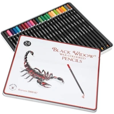 Image of Black Widow Colouring Pencils for Adults 24 Coloured Smooth Pigments Colour Pencil Set Best Adult and Artist (Scorpion Set)