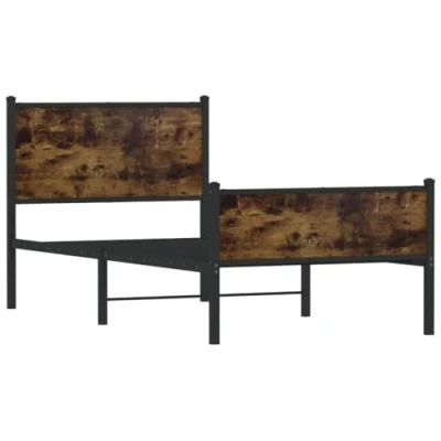 Image of vidaXL Small Single Metal Bed Frame with Headboard and Footboard Smoked Oak Finish, Steel &amp; Engineered Wood, 196 x 80 91.5 cm