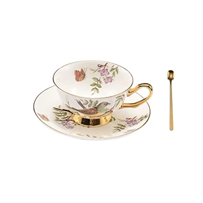 Image of Pfedxoon Bone China Tea Cup with Saucer Spoon 3 Piece Set（240ml） Cappuccino Cups, Coffee Set, British Porcelain Latte Mother&#039;s Day Gift (Violet)