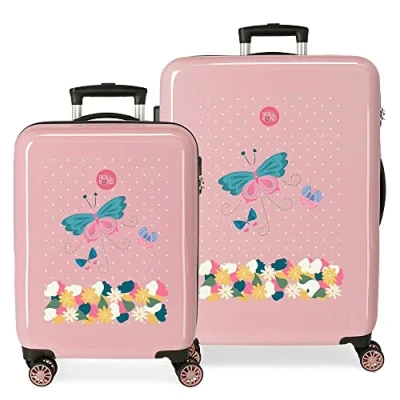 Image of Roll Road Precious Flower Suitcase Set Pink 55/68 cm Rigid ABS Side Combination Lock 104L 6 kg 4 Wheels Double Hand Luggage