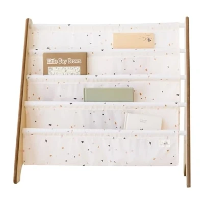 Image of 3 Sprouts Recycled Fabric Kids Bookshelf 4 Tier Sling Book Rack Storage Room Shelves, Nursery, Playroom, Classroom Bookcase Display Shelf for Toddler, Children Age 3+ Terrazzo Cream