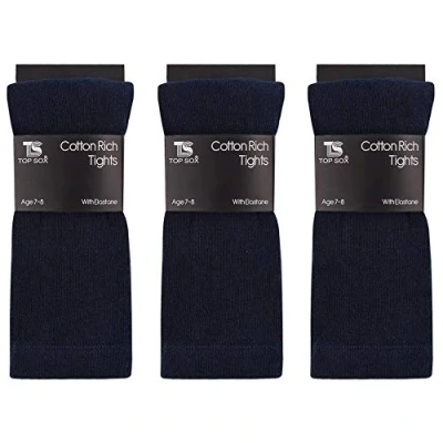 Image of Girls Childrens 3 Pairs Plain Tights Back To School Everyday Cotton Rich Leggings Navy 13