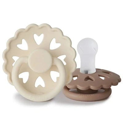 Image of FRIGG Fairytale Silicone Pacifier Pack of 2 Soother Dummy BPA Free Made in Denmark Symmetrical Cherry Shaped Nipple (Cream/Silky Satin (0 6 Months))