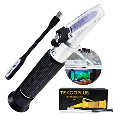 Image of Tri Scale Salinity,Brix,Density 1.000 1.070g/cm3 Refractometer ATC Optics, 0 10% Brix,0 100 PPT Salinity CNC Cutting Liquid for Salt Sea Water Aquarium Tank Marine Industry w/LED Light + Pipettes