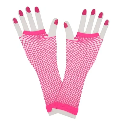 Image of Wicked Costumes 80&#039;s Long Net Fingerless Gloves Neon Pink Fancy Dress Accessory