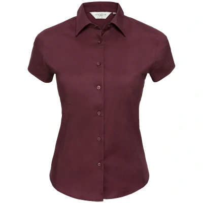 Image of Russell Athletic Collection Womens/Ladies Stretch Easy Care Fitted Short Sleeved Shirt (Port) Maroon Size X Small