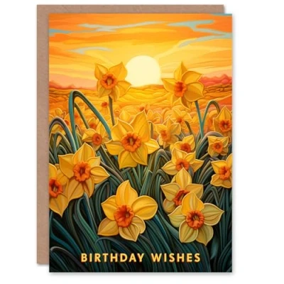 Image of Artery8 Birthday Wishes Greeting Card Daffodil Flower Field Sunset For Her