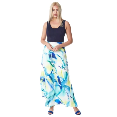 Image of Roman Originals Women Abstract Print Satin Maxi Dress Ladies Occasionwear Spring Summer Holiday Beach Garden Party Sleeveless Floor Length Navy Size 10