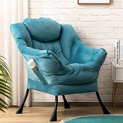 Image of HollyHOME Armchair Velvet Reading Chair Comfy Accent Bedroom Lounge with Armrests Leisure Sofa Steel Frame, Lake Blue